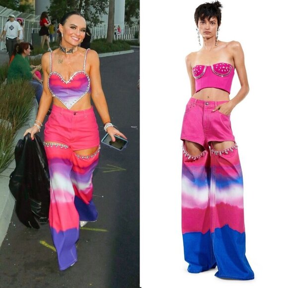AREA NYC Crystal Embellished Pink Purple Ombre Slit High Rise Wide Leg‎ Jeans 26 - Picture 1 of 15